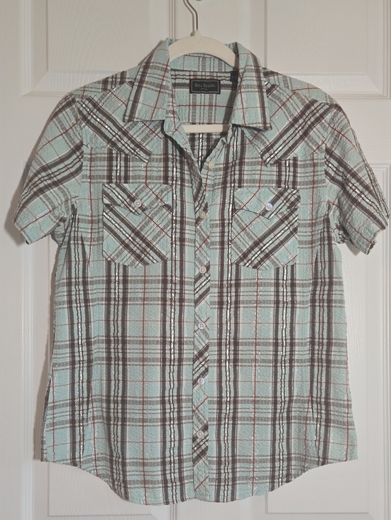 Bit & Bridle Other - Bit & Bridle Short-Sleeve Plaid Button-Down in Aqua and Brown P2P 21"